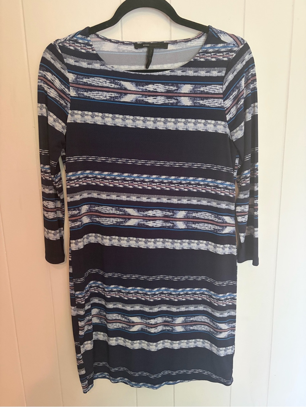 BCBGMaxAzria Navy, White and Light Blue Striped Long Sleeve Dress